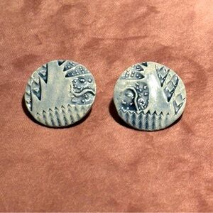Ceramic hand stamped earrings. Blue.